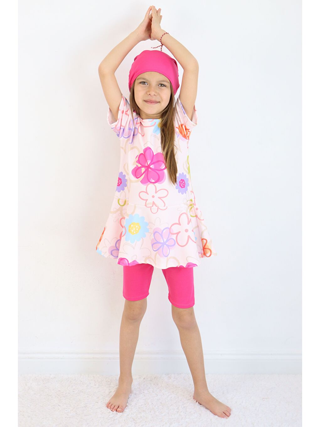 Pembe Kız Çocuk Bisiklet Yaka Etekli Mayo ve Tayt Bone-3