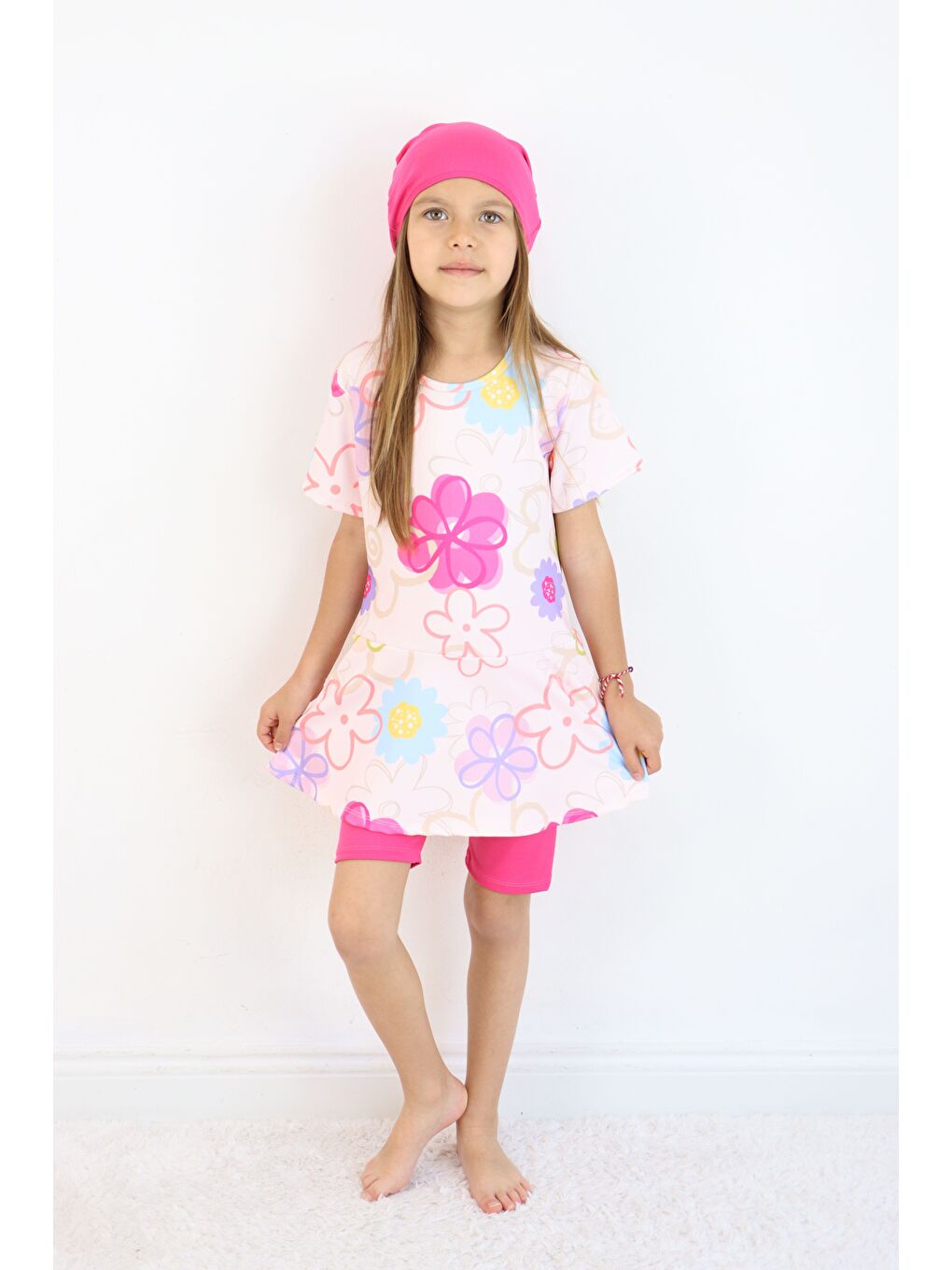 Pembe Kız Çocuk Bisiklet Yaka Etekli Mayo ve Tayt Bone-4