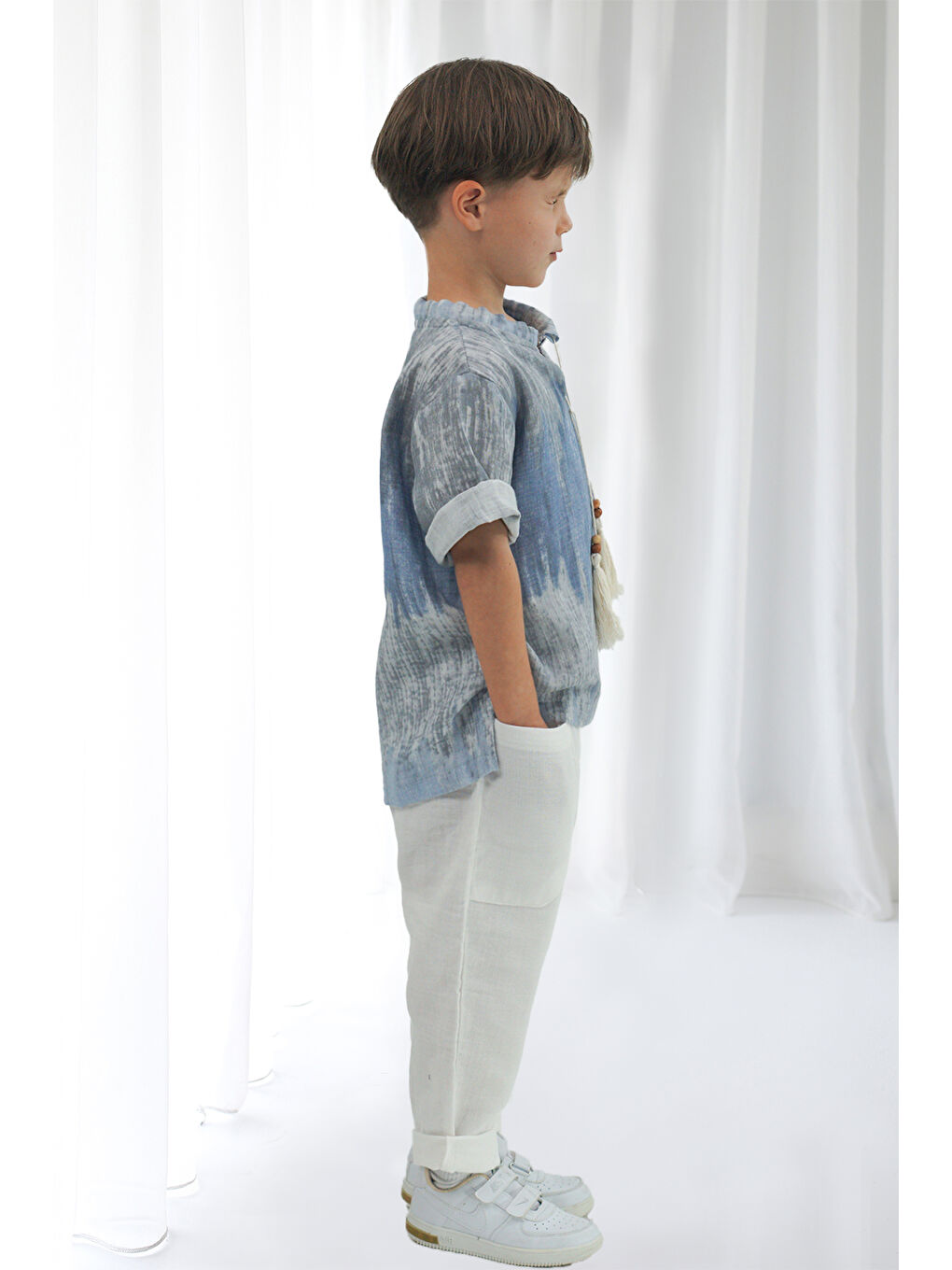 Beyaz Müslin Boyfriend Pantolon + Mavi Batik Desen Müslin  İpli Gömlek-1