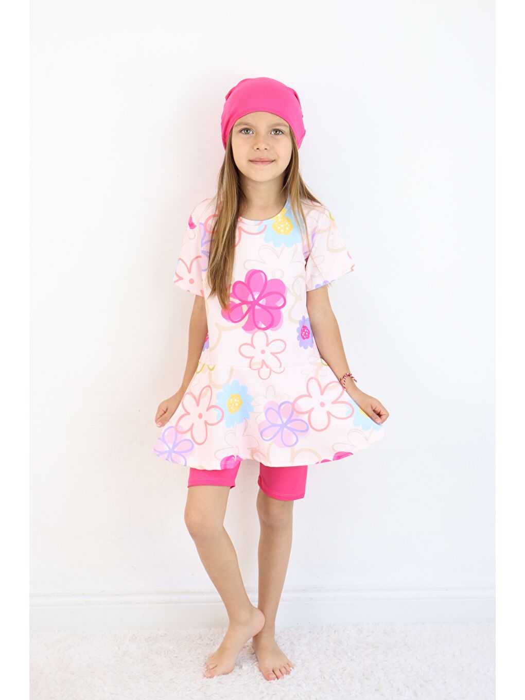 Pembe Kız Çocuk Bisiklet Yaka Etekli Mayo ve Tayt Bone-5