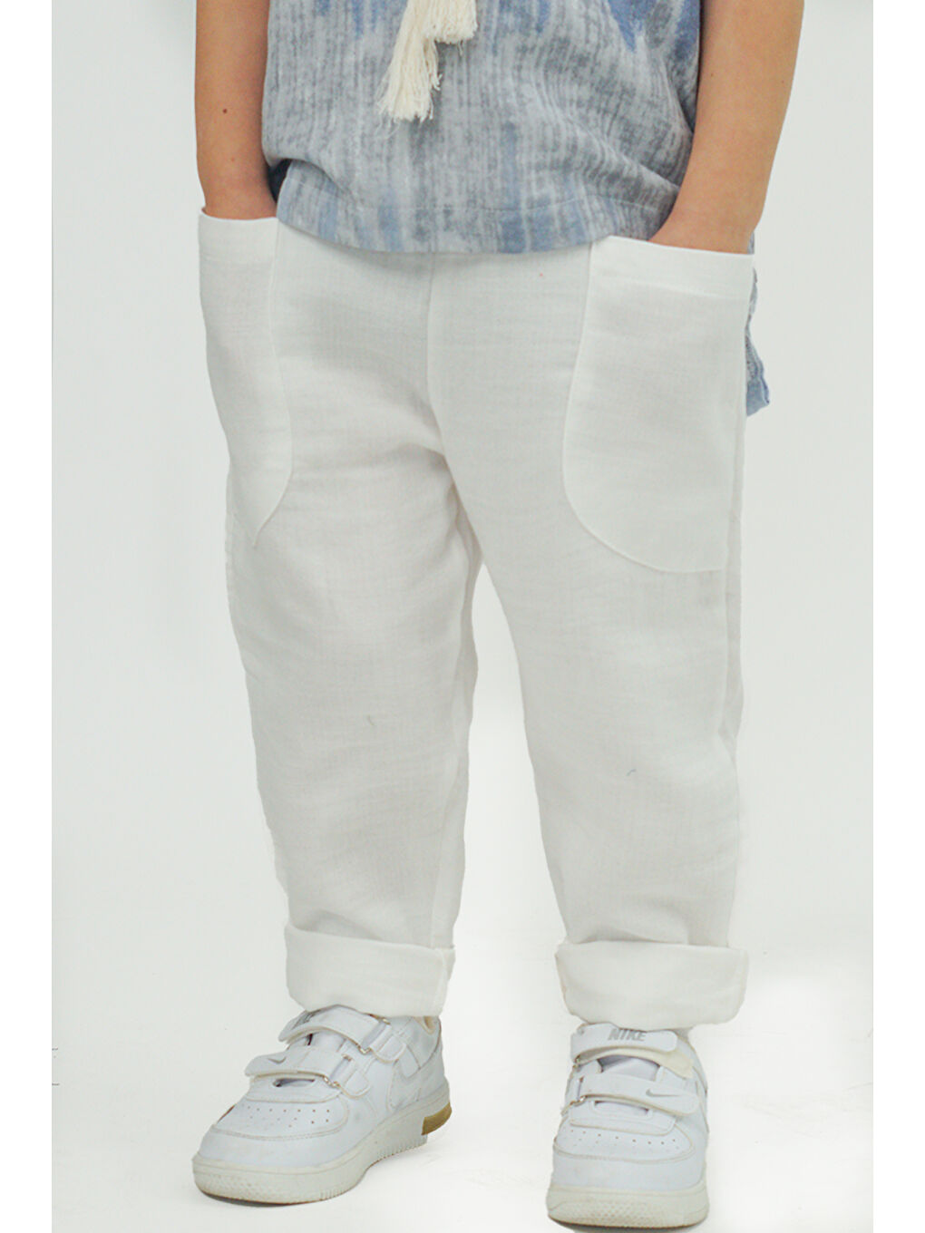 Beyaz Müslin Boyfriend Pantolon + Mavi Batik Desen Müslin  İpli Gömlek-2