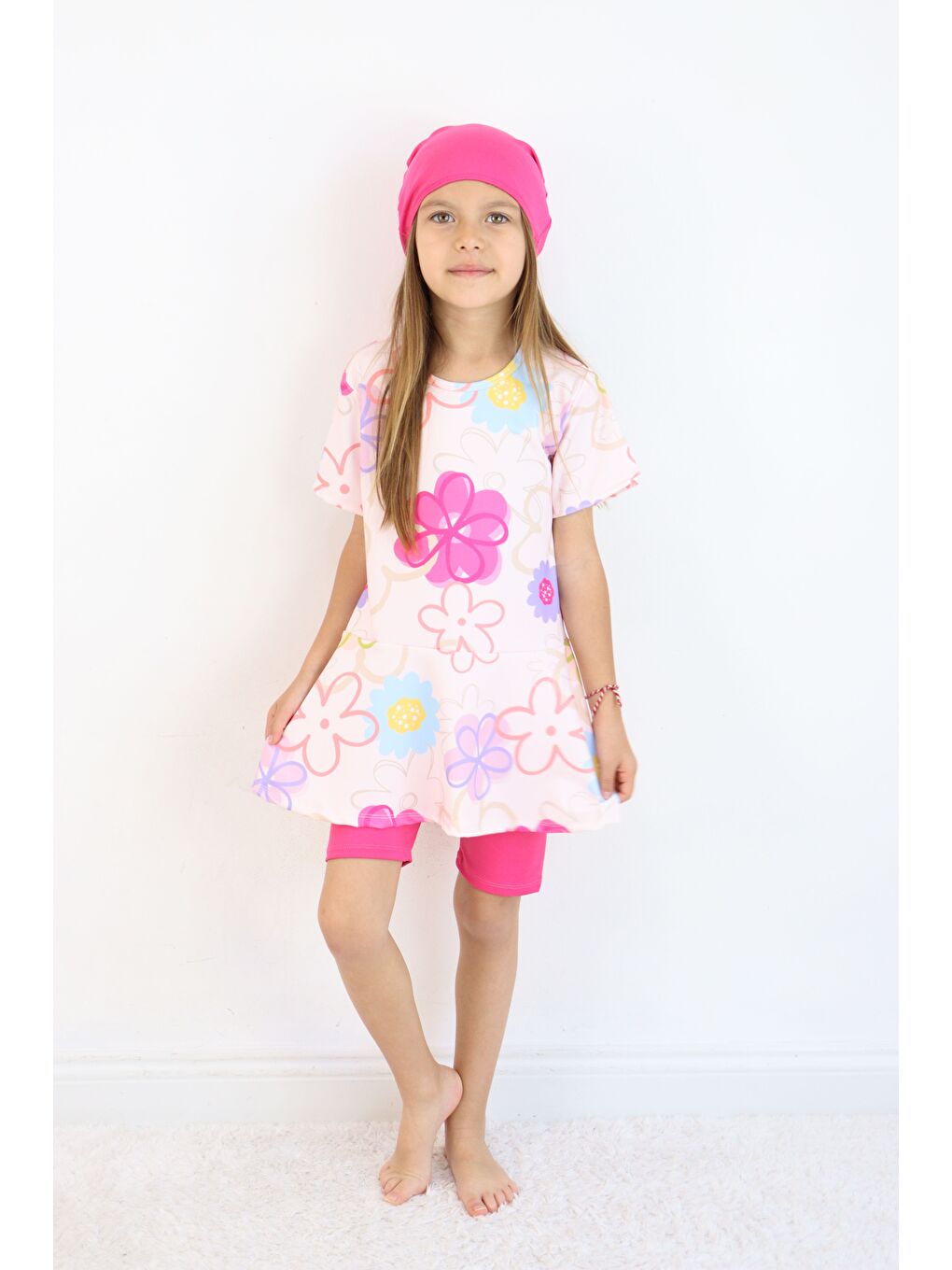 Pembe Kız Çocuk Bisiklet Yaka Etekli Mayo ve Tayt Bone-6