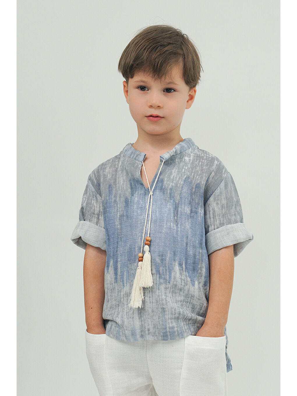 Beyaz Müslin Boyfriend Pantolon + Mavi Batik Desen Müslin  İpli Gömlek-3