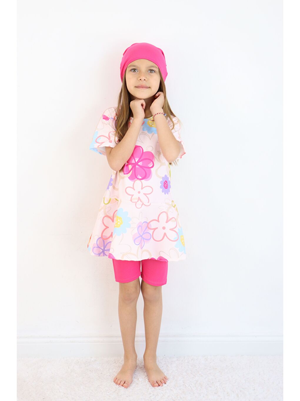 Pembe Kız Çocuk Bisiklet Yaka Etekli Mayo ve Tayt Bone-7