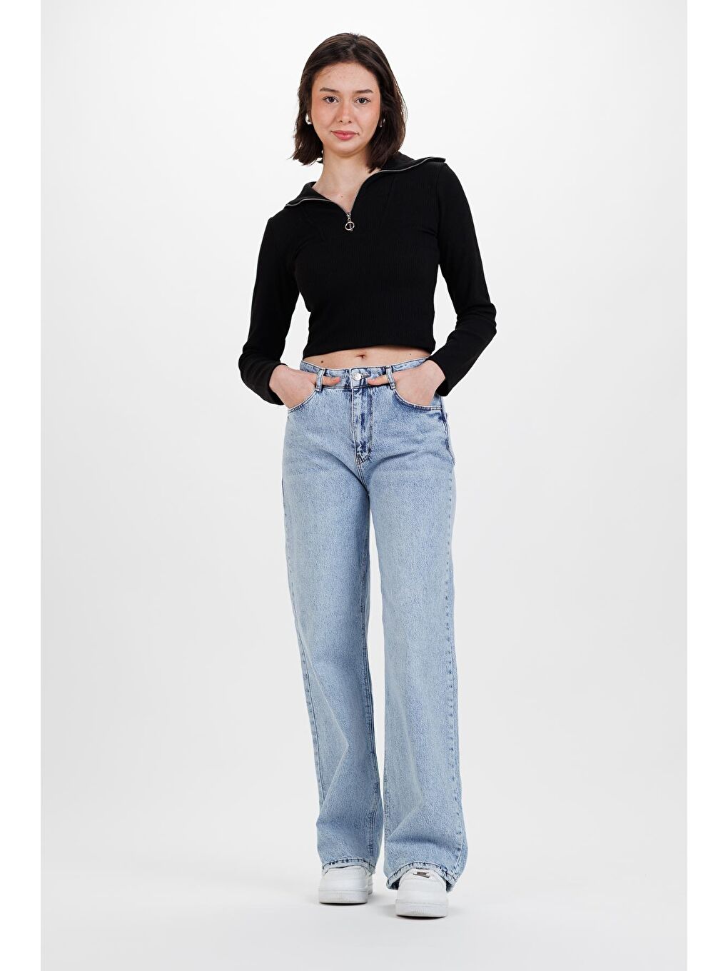 Bej Kadın Kar Yıkama Yüksek Bel Bol Paça Palazzo Denim Pantolon