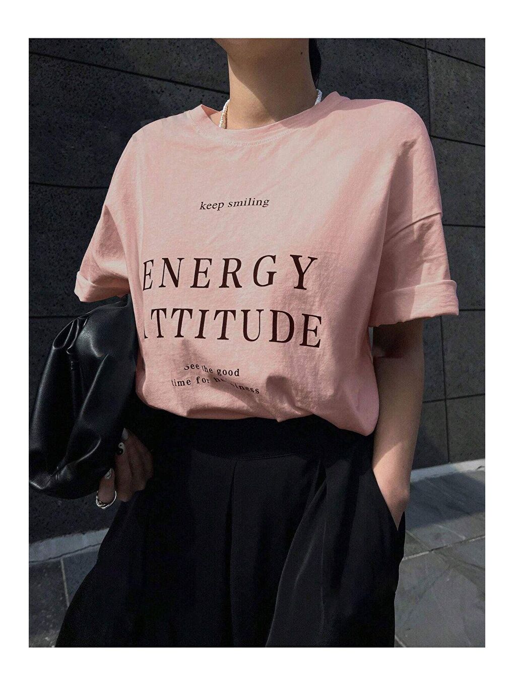 Trendseninle Pudra Pembe Kadın Pudra Pembe Energy Attitude Baskılı Oversize Tişört - 2