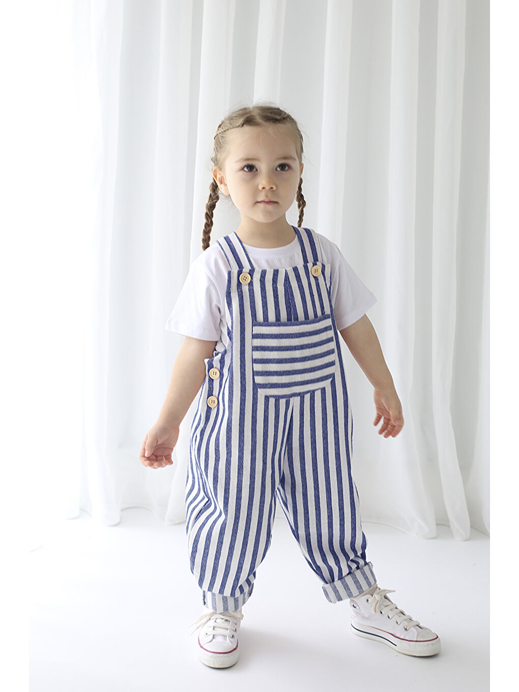 Erkek Çocuk Lacivert Beyaz Çizgili Keten Askılı Tulum-3