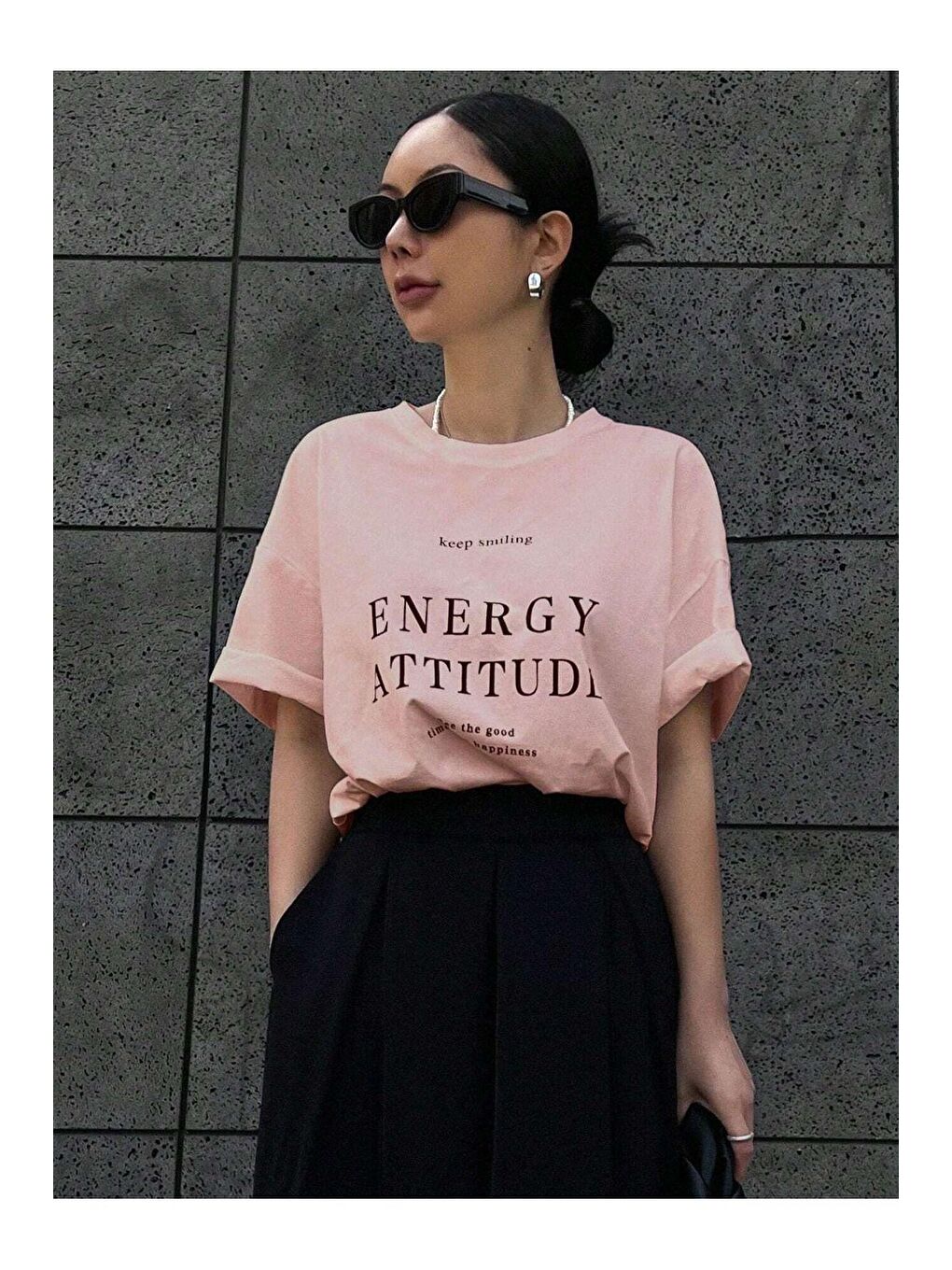 Trendseninle Pudra Pembe Kadın Pudra Pembe Energy Attitude Baskılı Oversize Tişört - 3