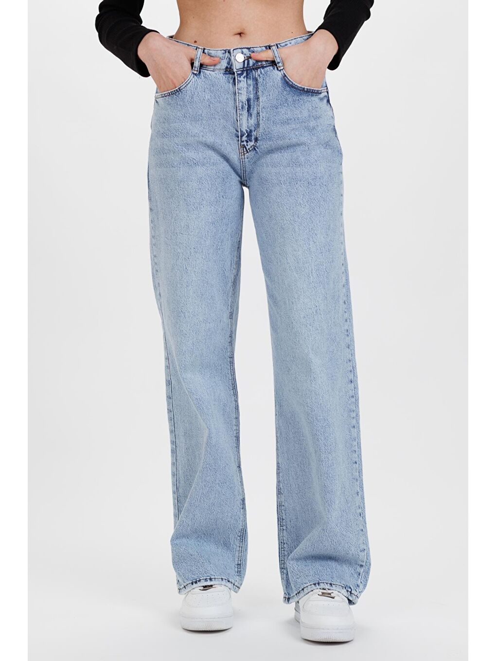 Bej Kadın Kar Yıkama Yüksek Bel Bol Paça Palazzo Denim Pantolon-2