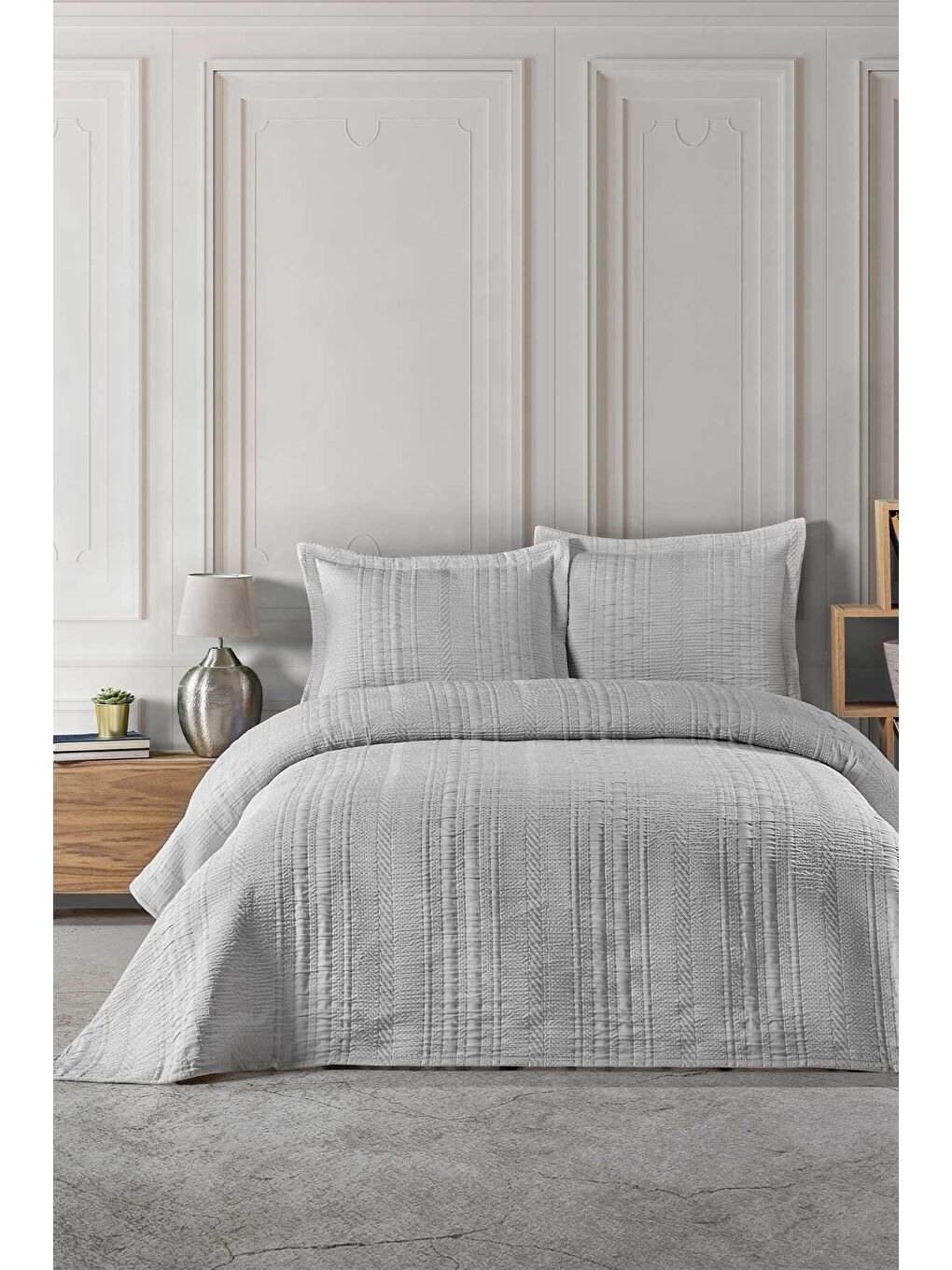 Gri Yatak Örtüsü Takımı Tek Kişilik Matilda Gümüş (180x240cm)