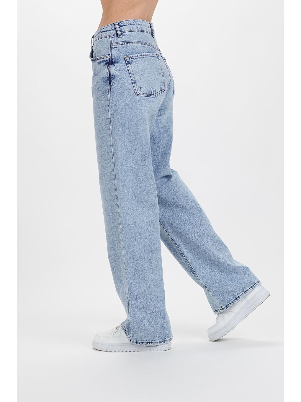 Bej Kadın Kar Yıkama Yüksek Bel Bol Paça Palazzo Denim Pantolon-4