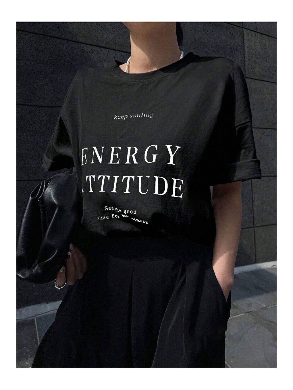 Trendseninle Siyah Kadın Siyah Energy Attitude Baskılı Oversize Tişört - 2