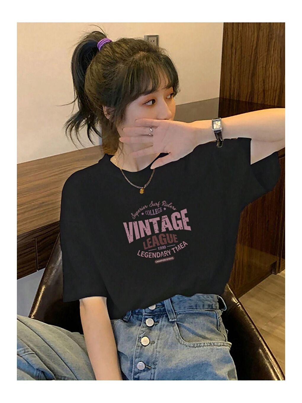 Kadın Siyah  Vintage Leage 1990 Baskı Oversize Tişört