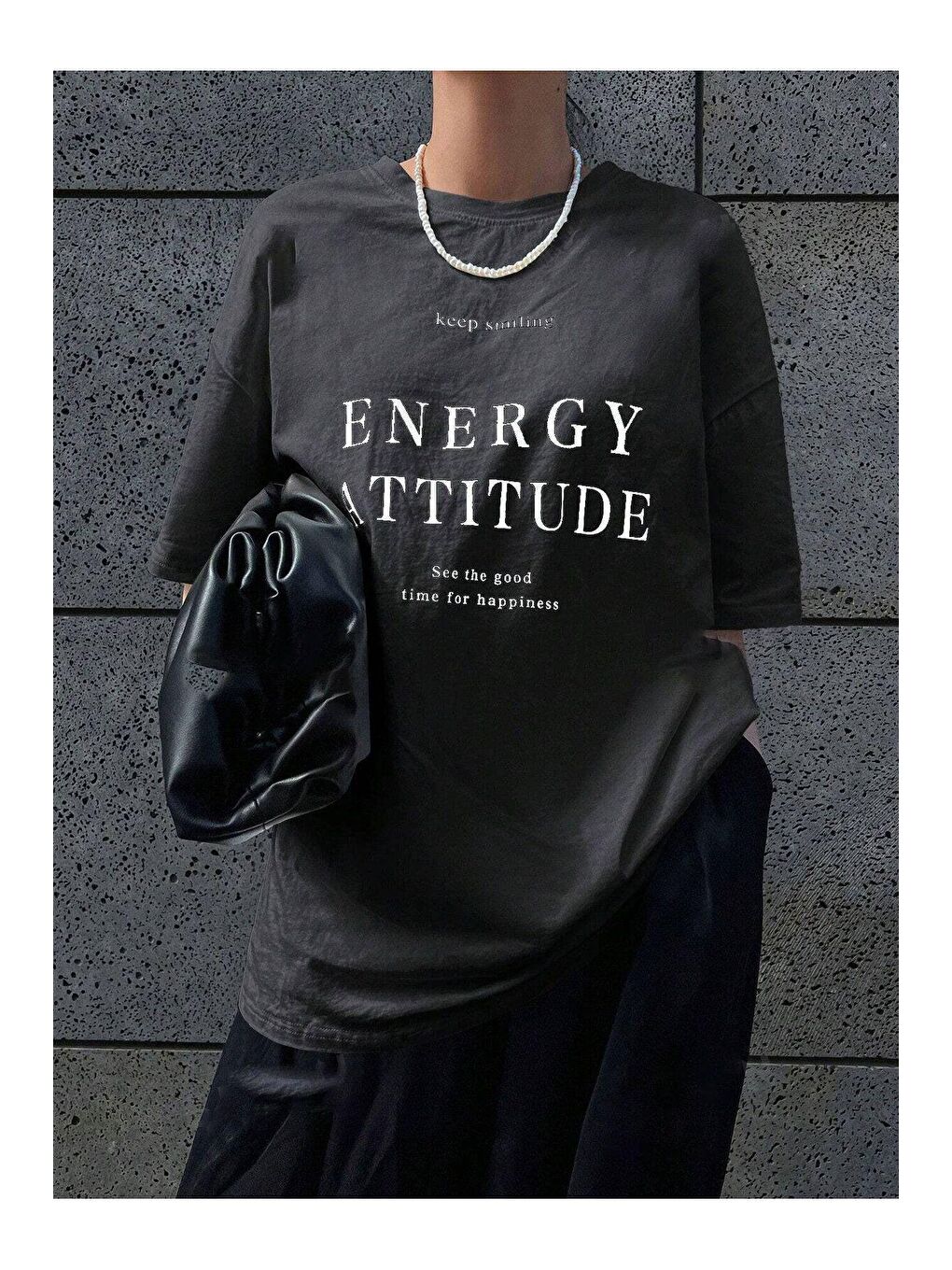 Trendseninle Füme Kadın Füme Energy Attitude Baskılı Oversize Tişört - 3