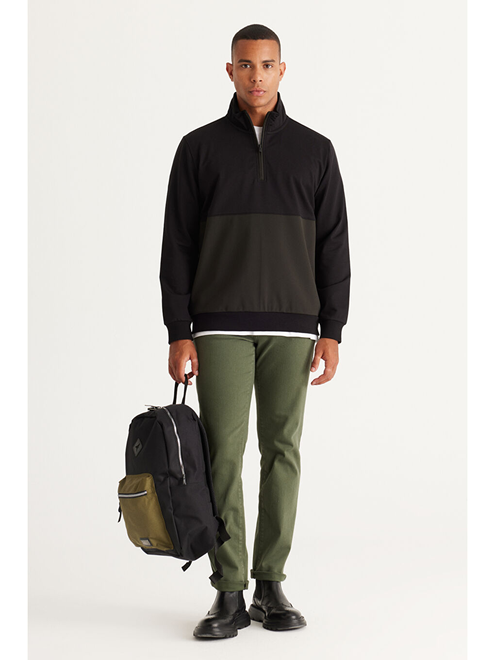 Erkek Siyah-Haki Standart Fit Normal Kesim Bato Yaka Pamuklu Sweatshirt-1