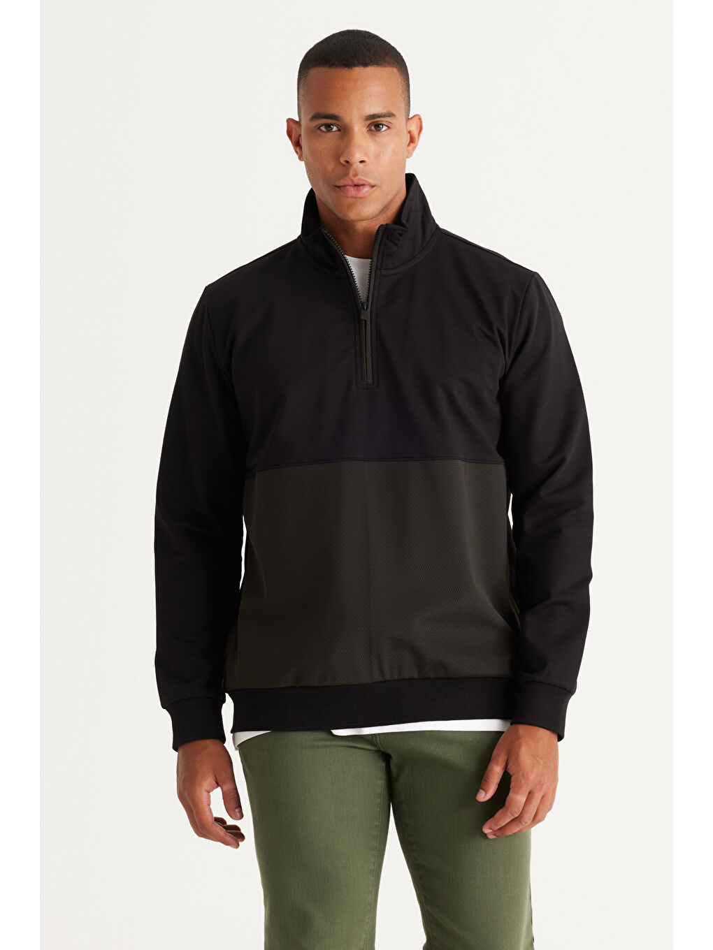 Erkek Siyah-Haki Standart Fit Normal Kesim Bato Yaka Pamuklu Sweatshirt-3