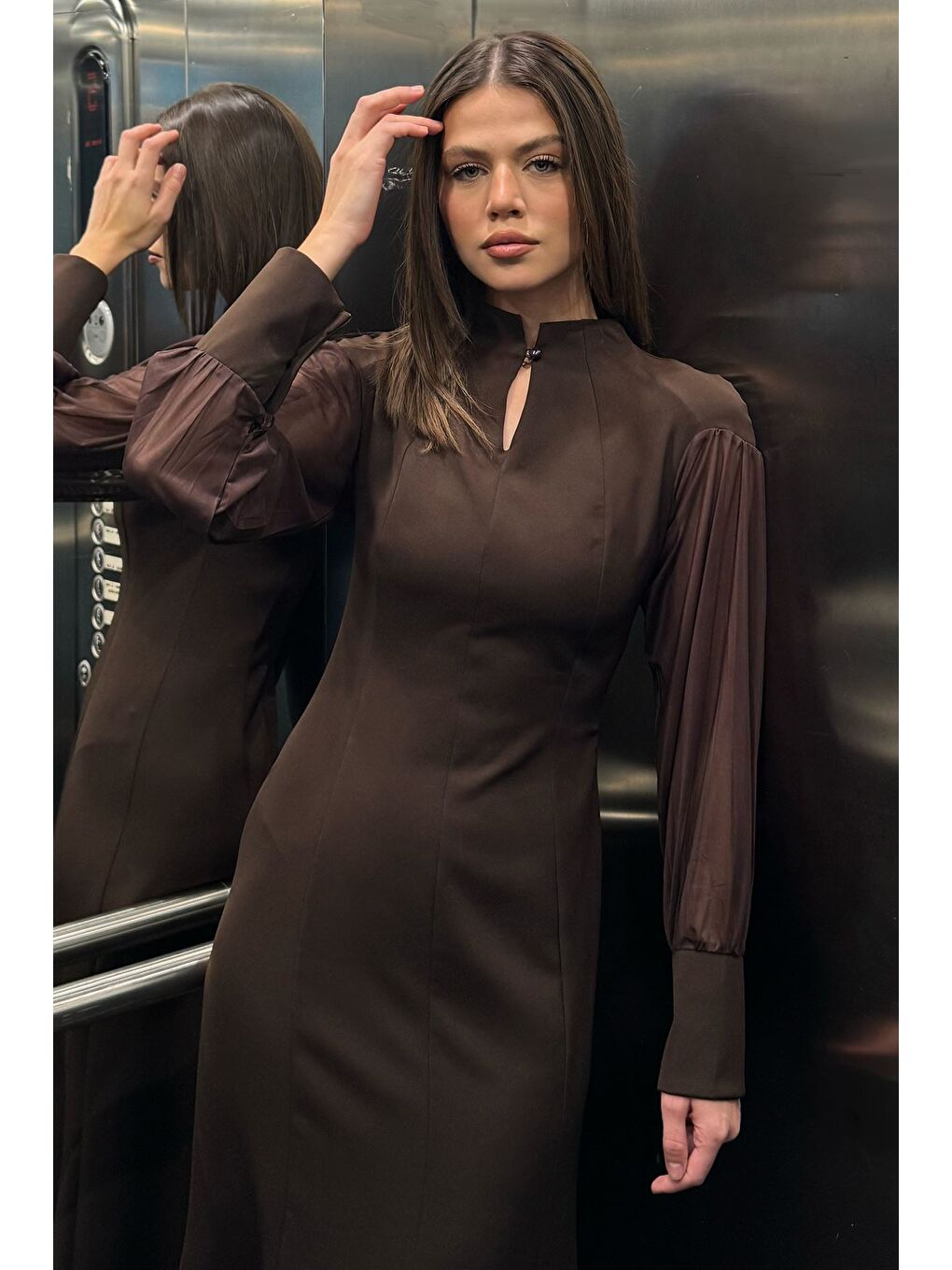 Kahverengi Kadın Sırt Fermuarlı Kollar Tüllü Abiye