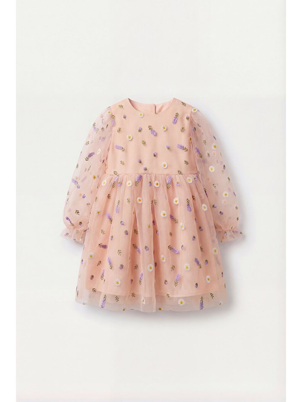 Pembe Kız Çocuk Pamuklu Somon Çiçek Nakışlı Tül Elbise