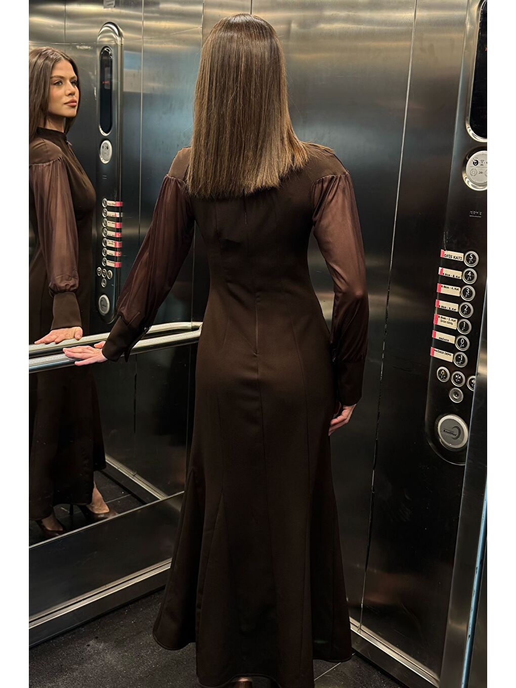 Kahverengi Kadın Sırt Fermuarlı Kollar Tüllü Abiye-3