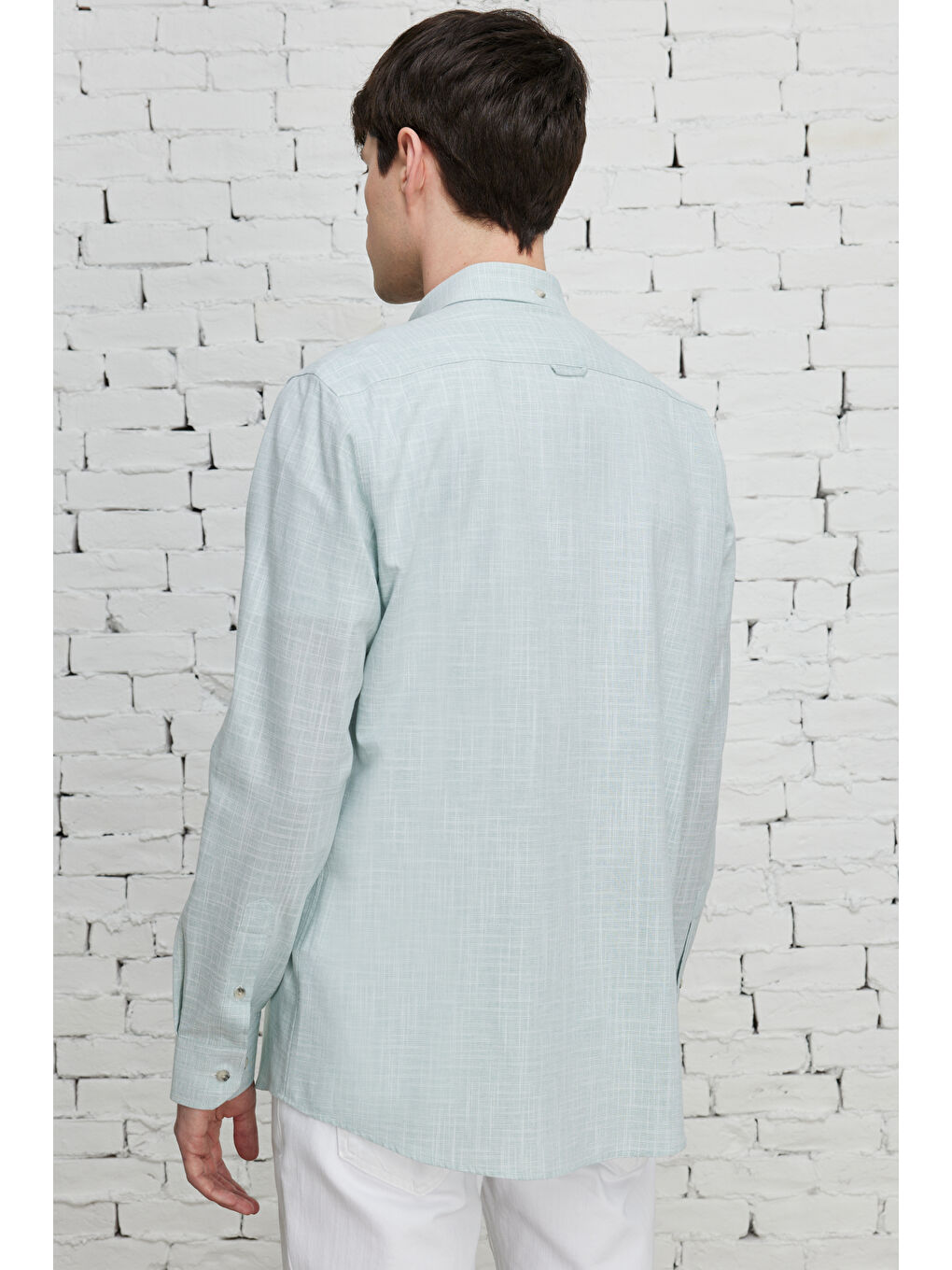 Erkek Haki Slim Fit Dar Kesim Düğmeli Yaka Keten Görünümlü %100 Pamuk Flamlı Gömlek-6