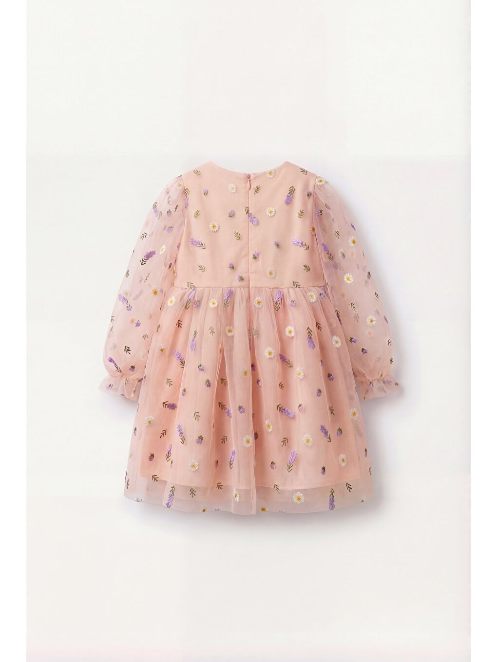 Pembe Kız Çocuk Pamuklu Somon Çiçek Nakışlı Tül Elbise-1