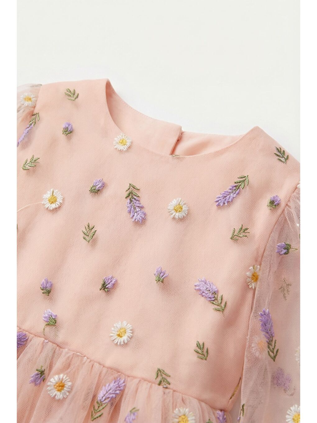 Pembe Kız Çocuk Pamuklu Somon Çiçek Nakışlı Tül Elbise-2