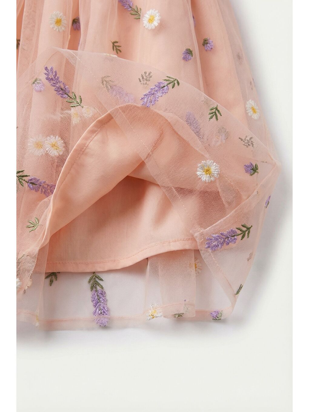 Pembe Kız Çocuk Pamuklu Somon Çiçek Nakışlı Tül Elbise-3