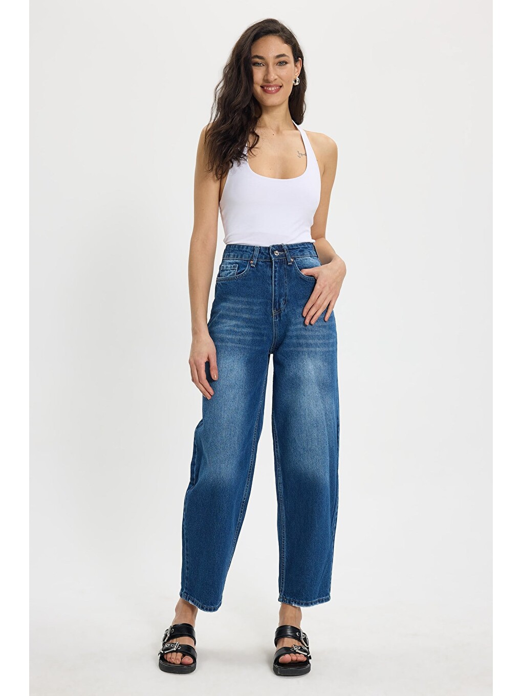 Kadın Relax Fit Rahat Kesim %100 Pamuk Cepli Geniş Paça Lacivert Jean Jean Pantolon