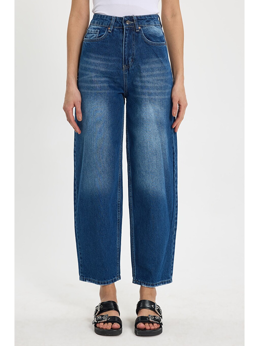 Kadın Relax Fit Rahat Kesim %100 Pamuk Cepli Geniş Paça Lacivert Jean Jean Pantolon-1