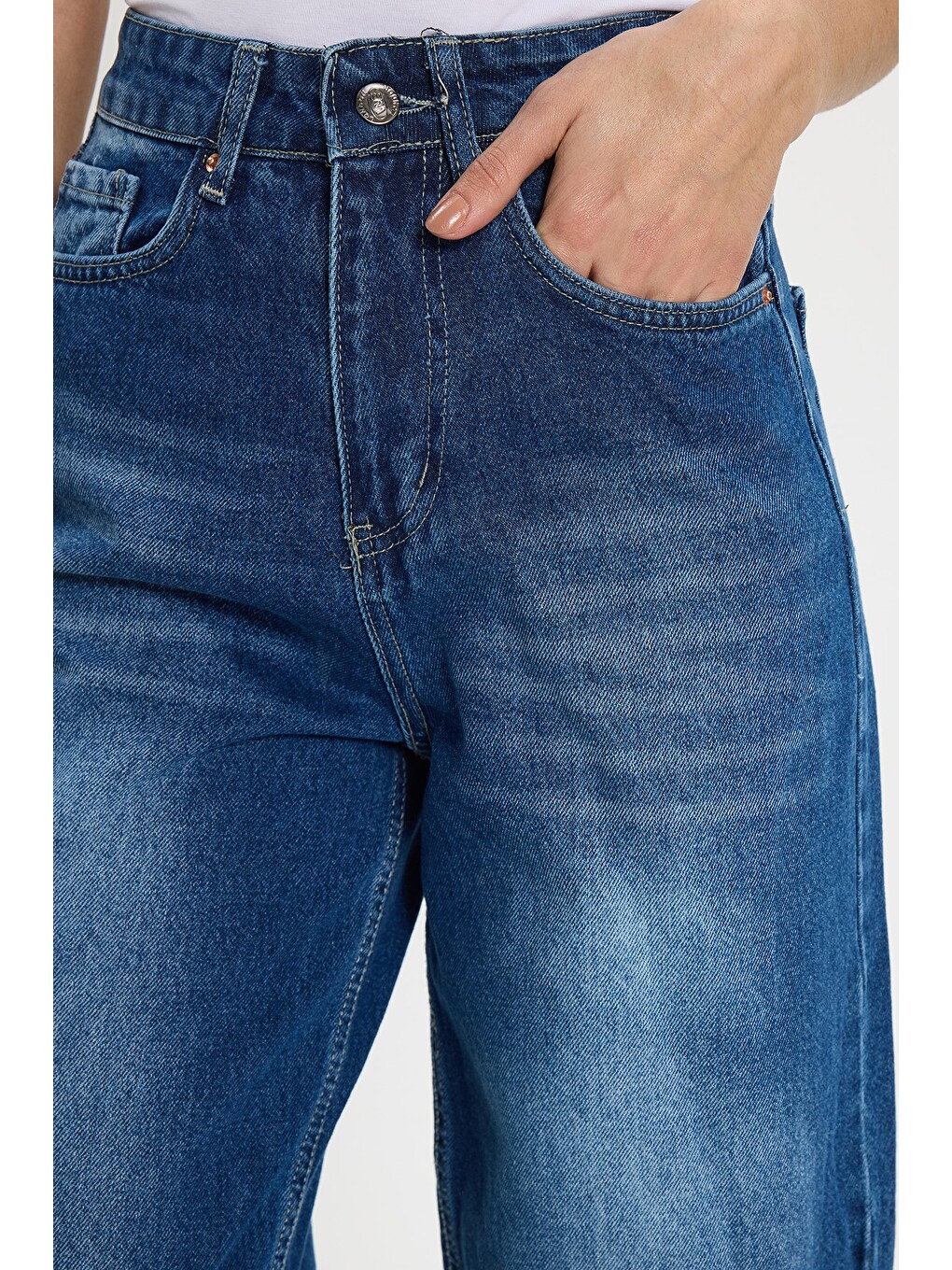 Kadın Relax Fit Rahat Kesim %100 Pamuk Cepli Geniş Paça Lacivert Jean Jean Pantolon-3