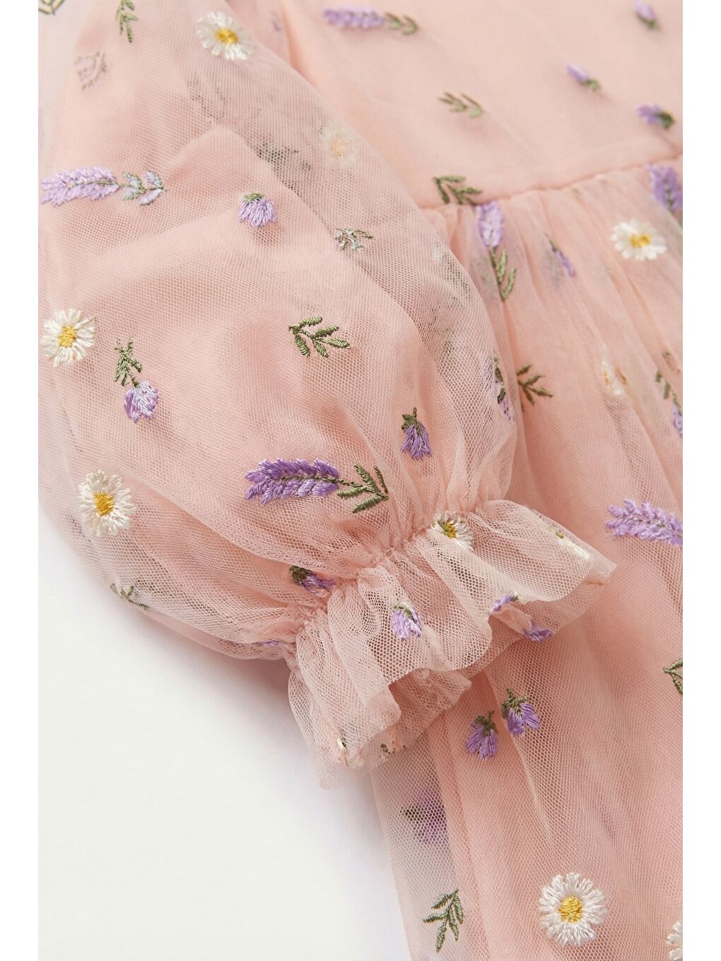 Pembe Kız Çocuk Pamuklu Somon Çiçek Nakışlı Tül Elbise-4