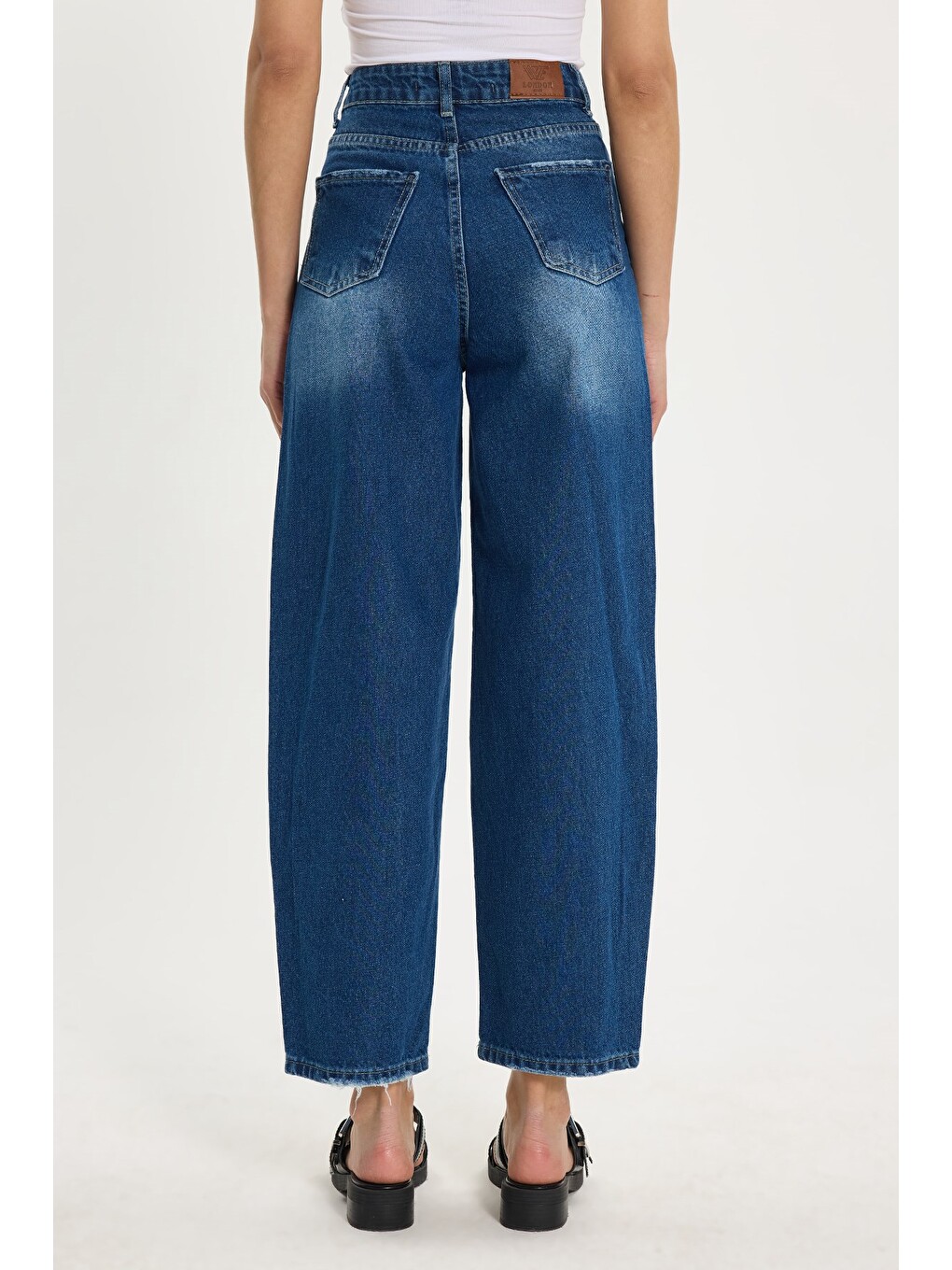 Kadın Relax Fit Rahat Kesim %100 Pamuk Cepli Geniş Paça Lacivert Jean Jean Pantolon-4