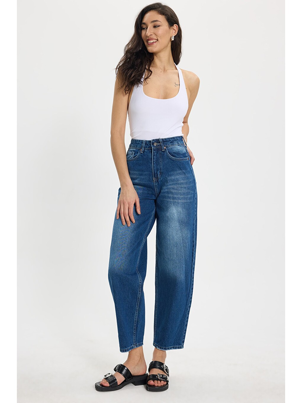 Kadın Relax Fit Rahat Kesim %100 Pamuk Cepli Geniş Paça Lacivert Jean Jean Pantolon-5