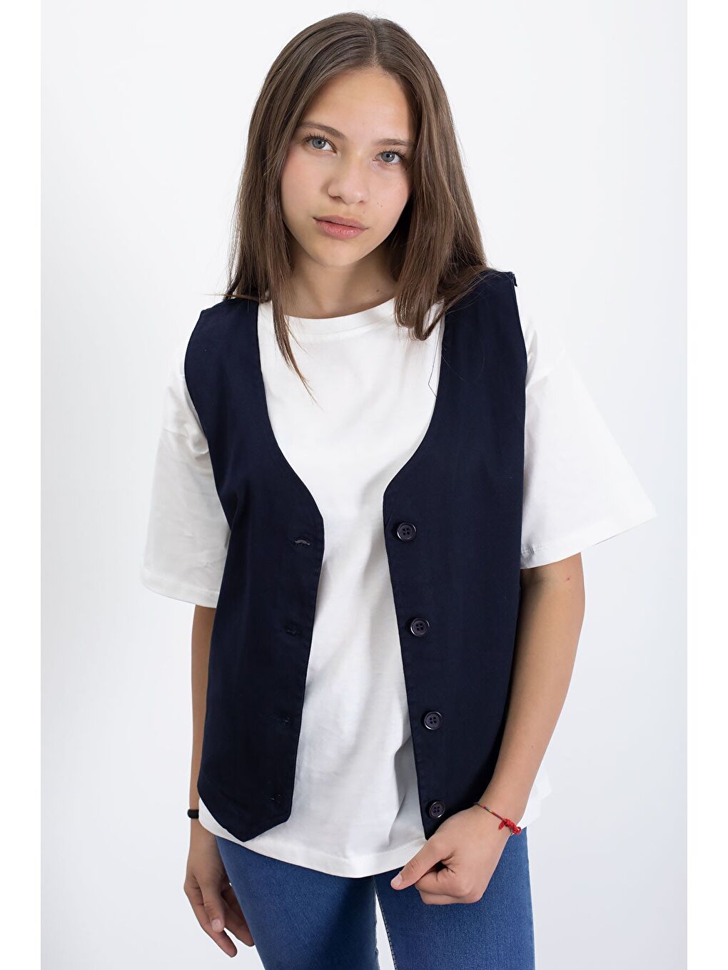 Lacivert Kız Çocuk Düğme Detaylı Yelek 21524-1