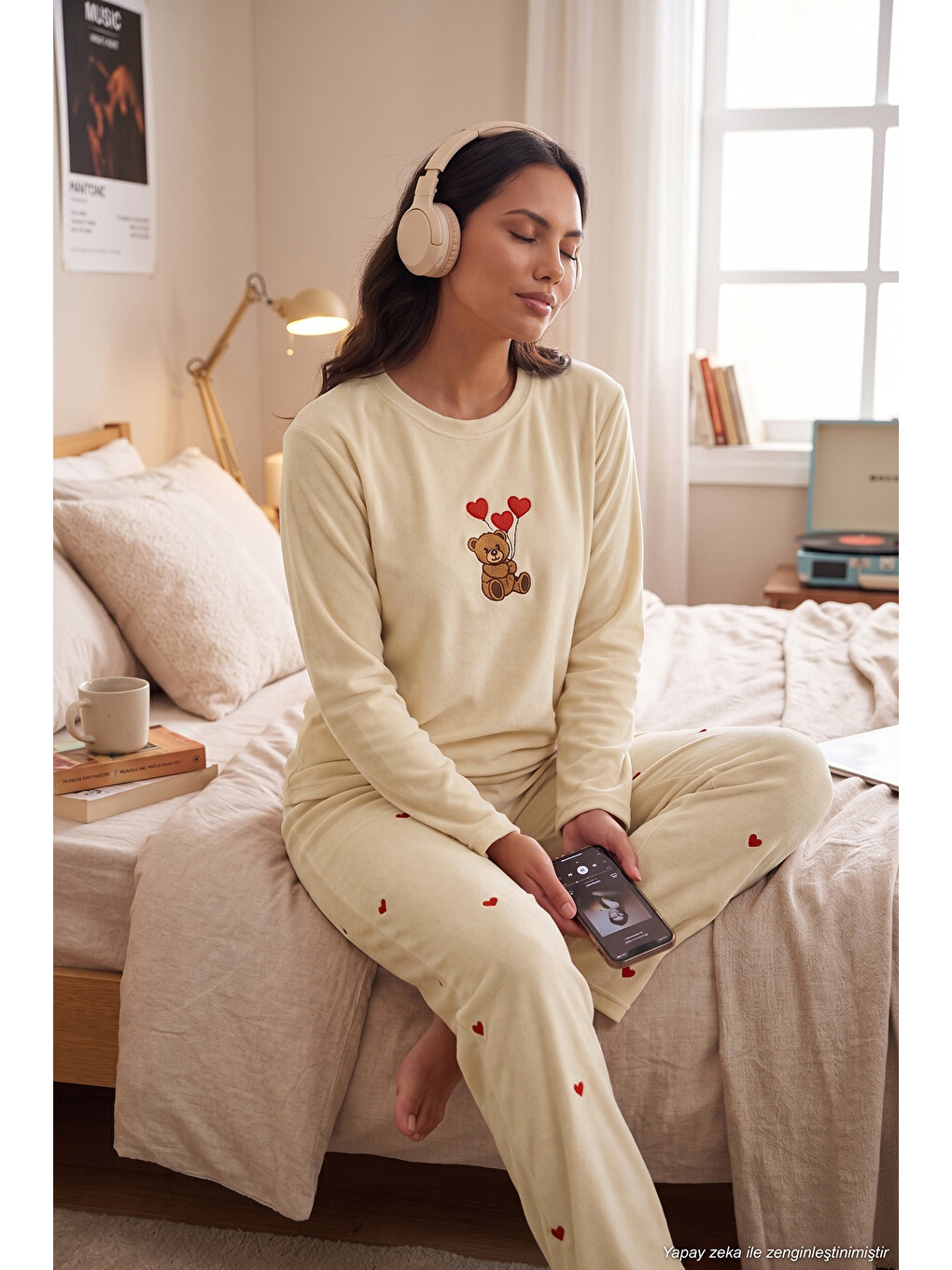 Bej Desenli Yumuşak Dokulu Uzun Kollu Kadın Pijama Takımı 65750155