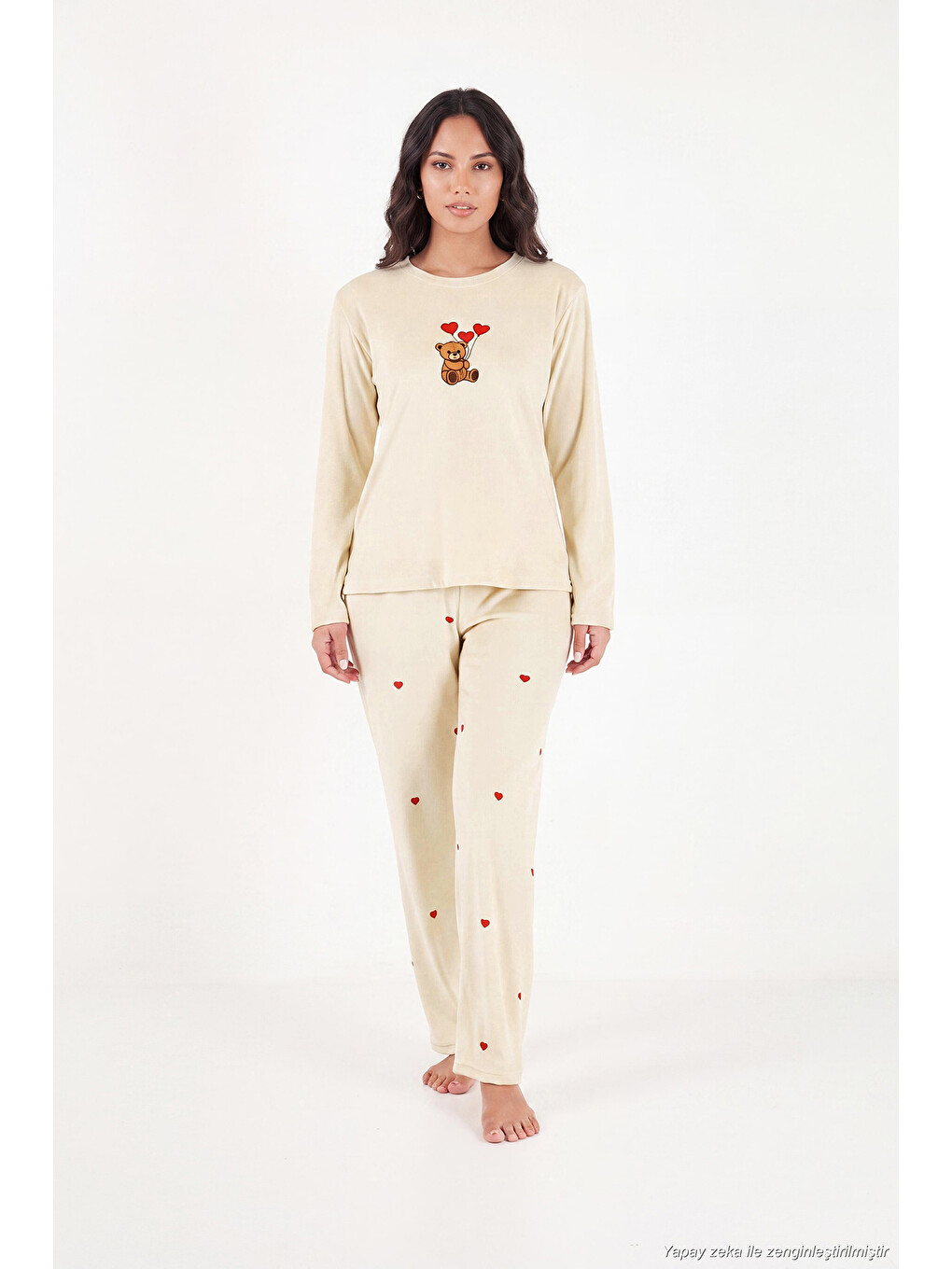 Bej Desenli Yumuşak Dokulu Uzun Kollu Kadın Pijama Takımı 65750155-1