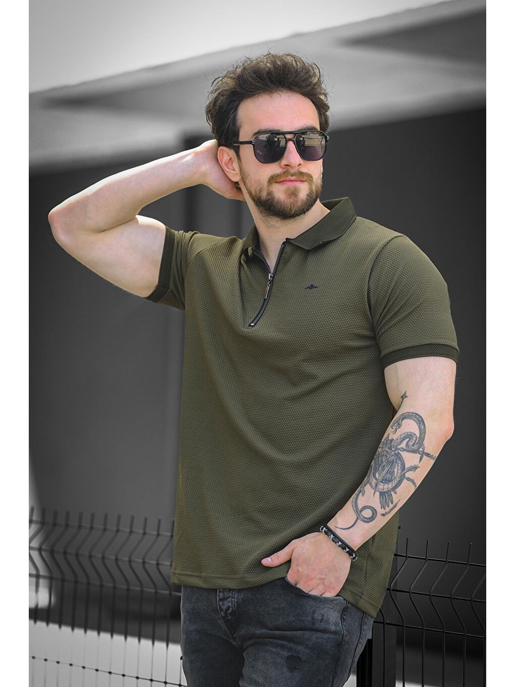 Haki Zack Polo Yaka Petek Kumaş Yarım Fermuarlı Erkek Tshirt