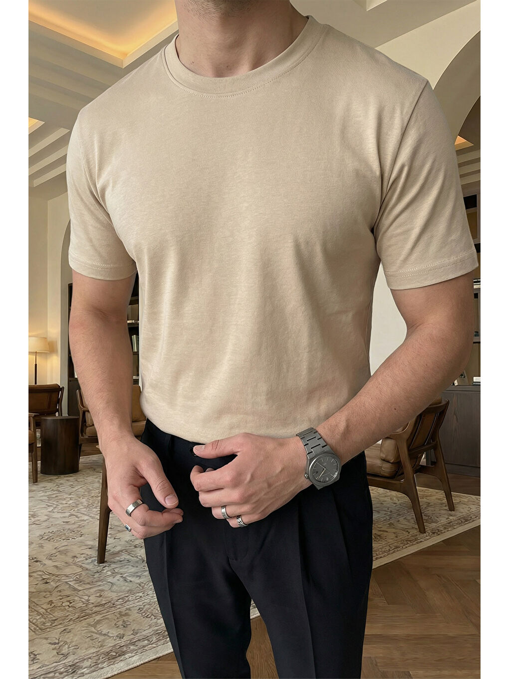 Bej Erkek Regular Fit Yüksek Kalite %100 Pamuk Basic Tişört 24/1-3