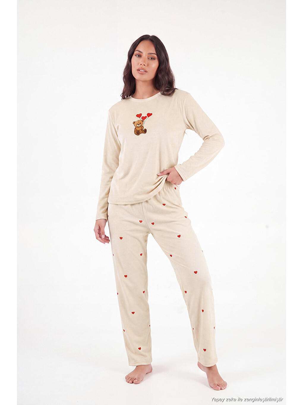 Bej Desenli Yumuşak Dokulu Uzun Kollu Kadın Pijama Takımı 65750155-2