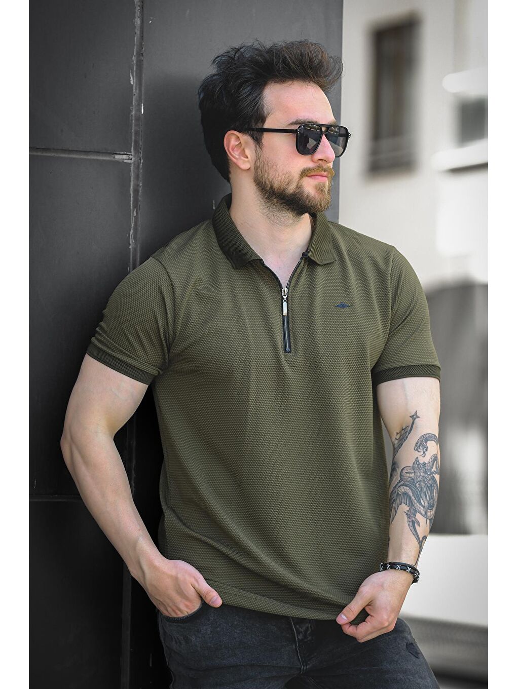 Haki Zack Polo Yaka Petek Kumaş Yarım Fermuarlı Erkek Tshirt-1