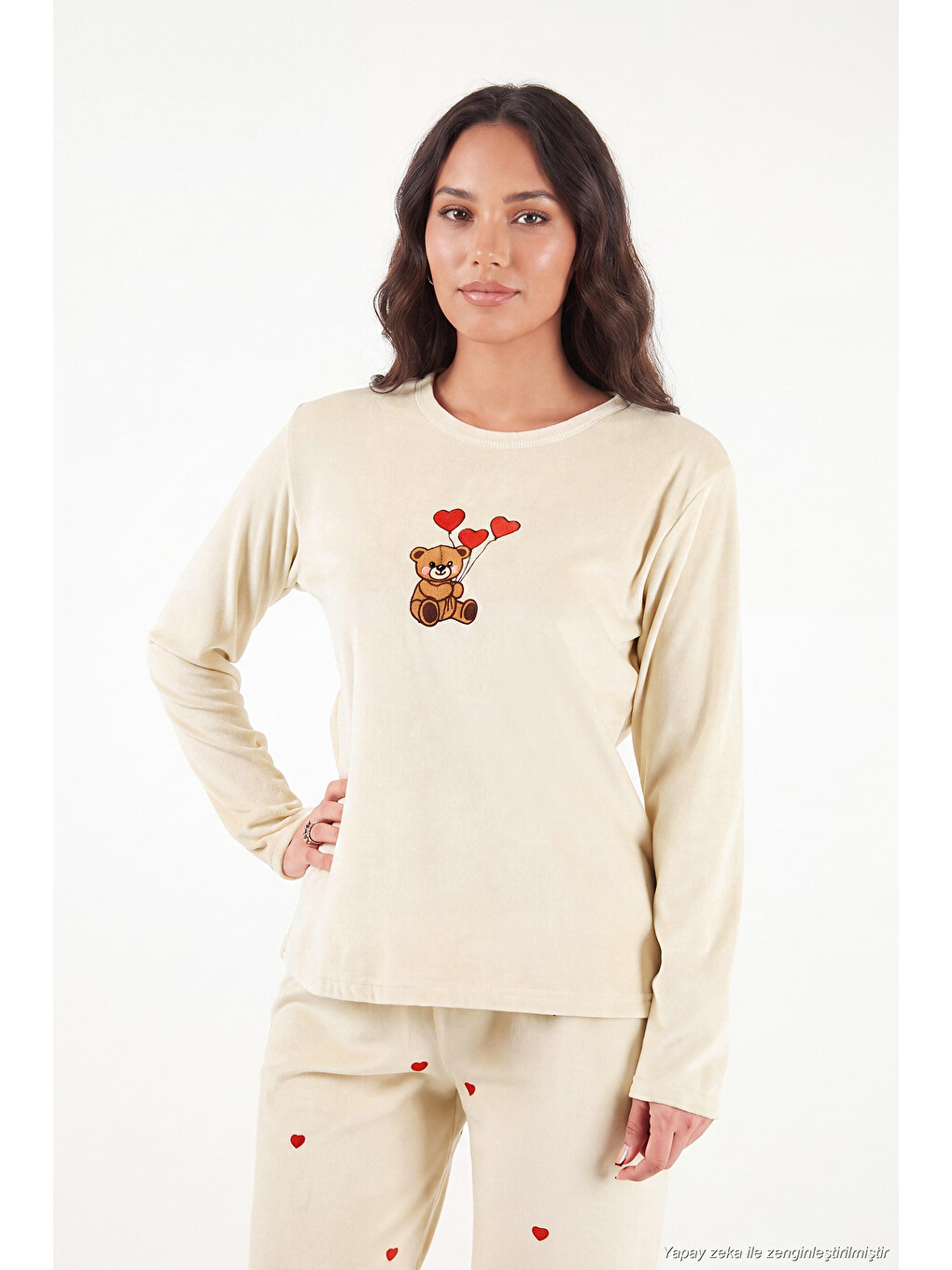 Bej Desenli Yumuşak Dokulu Uzun Kollu Kadın Pijama Takımı 65750155-3