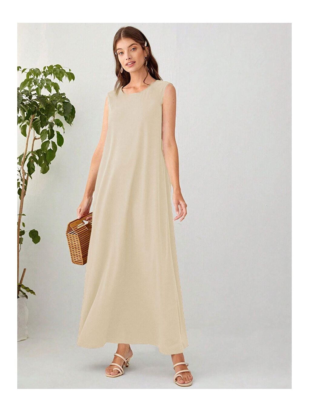 Bej Ten Renk Kolsuz %100 Pamuk Penye Astar Elbise