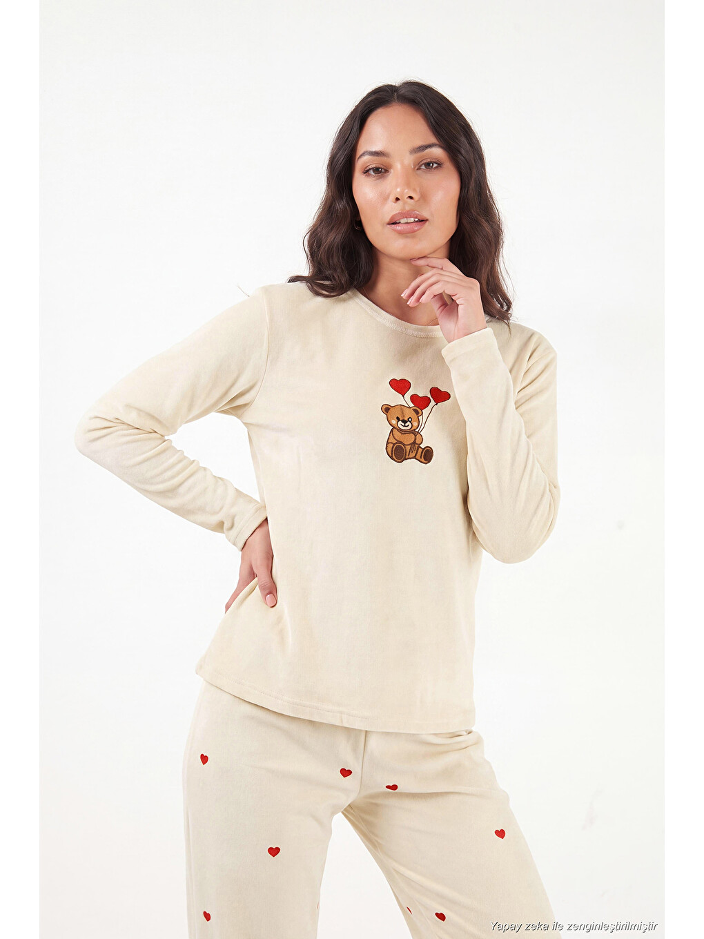 Bej Desenli Yumuşak Dokulu Uzun Kollu Kadın Pijama Takımı 65750155-4
