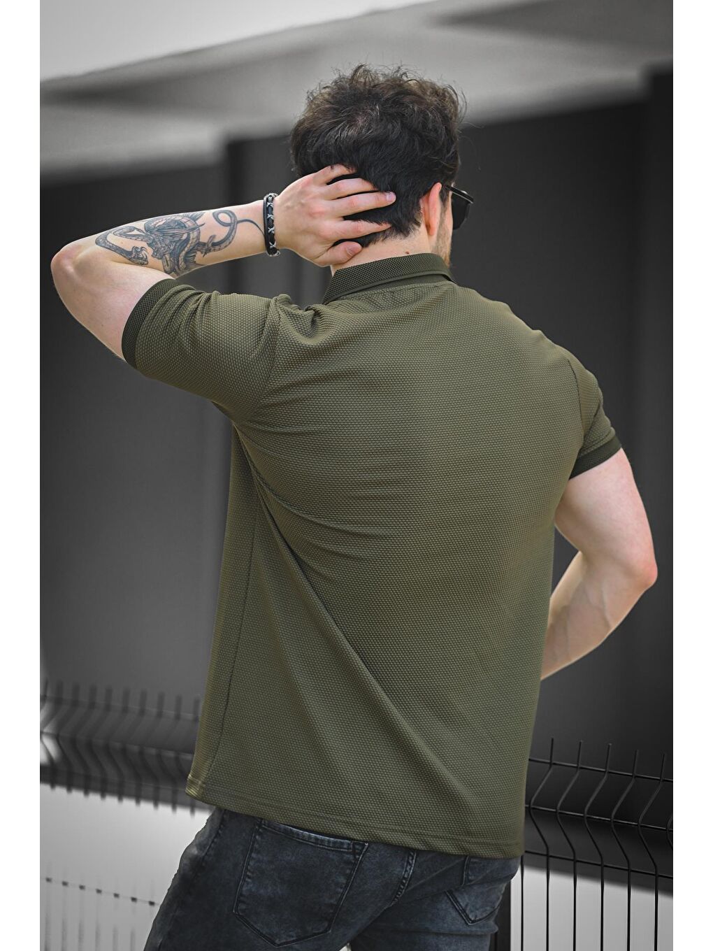 Haki Zack Polo Yaka Petek Kumaş Yarım Fermuarlı Erkek Tshirt-3