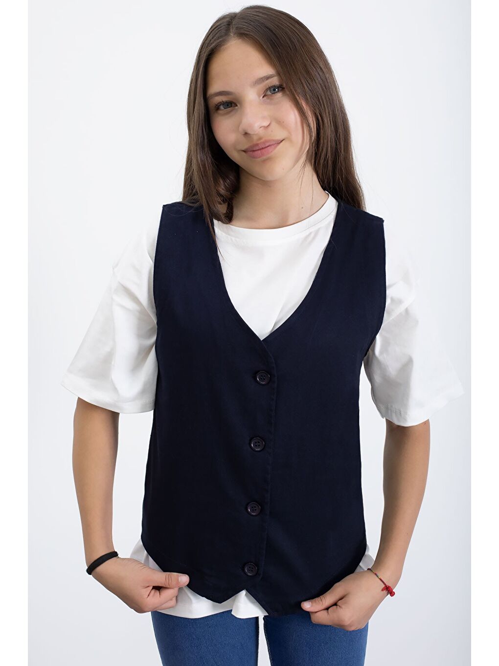 Lacivert Kız Çocuk Düğme Detaylı Yelek 21524-2