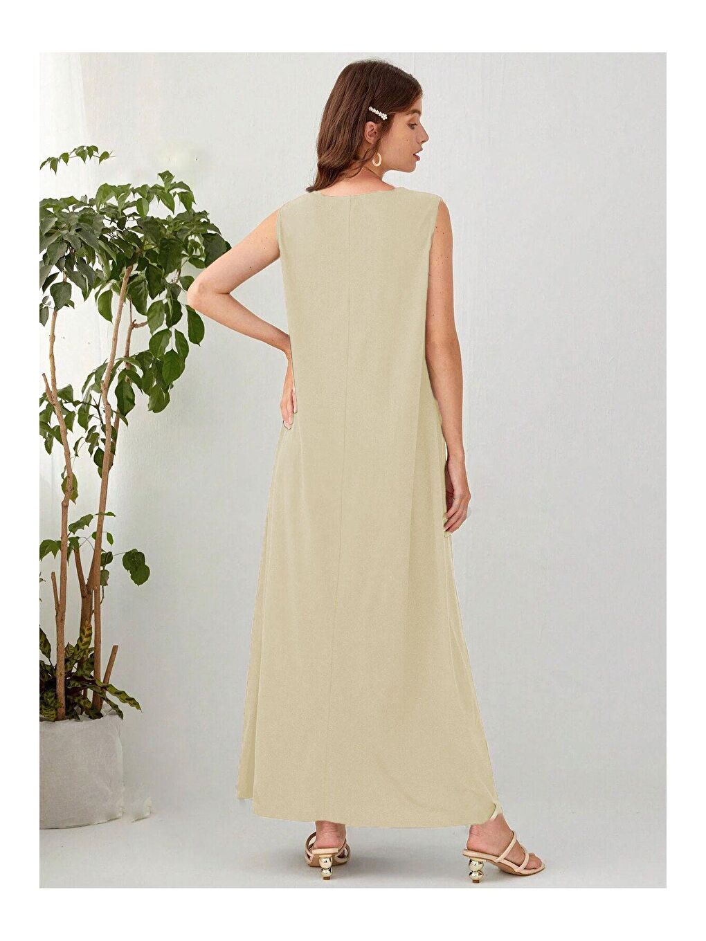 Bej Ten Renk Kolsuz %100 Pamuk Penye Astar Elbise-1