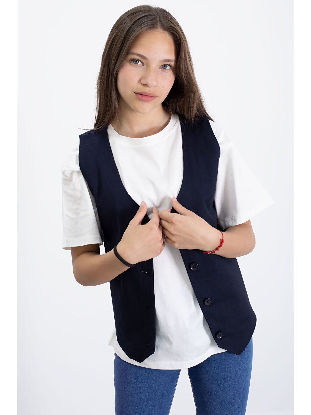 Lacivert Kız Çocuk Düğme Detaylı Yelek 21524-3