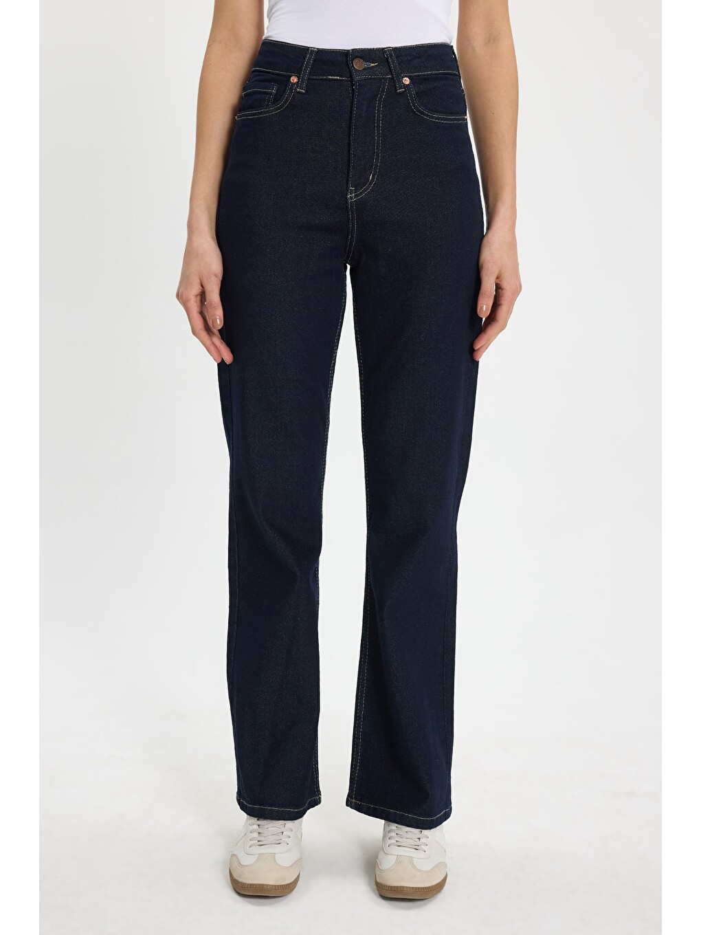 Kadın Relax Fit Rahat Kesim Pamuklu Elastanlı Cepli Palazzo Lacivert Jean Jean Pantolon-1