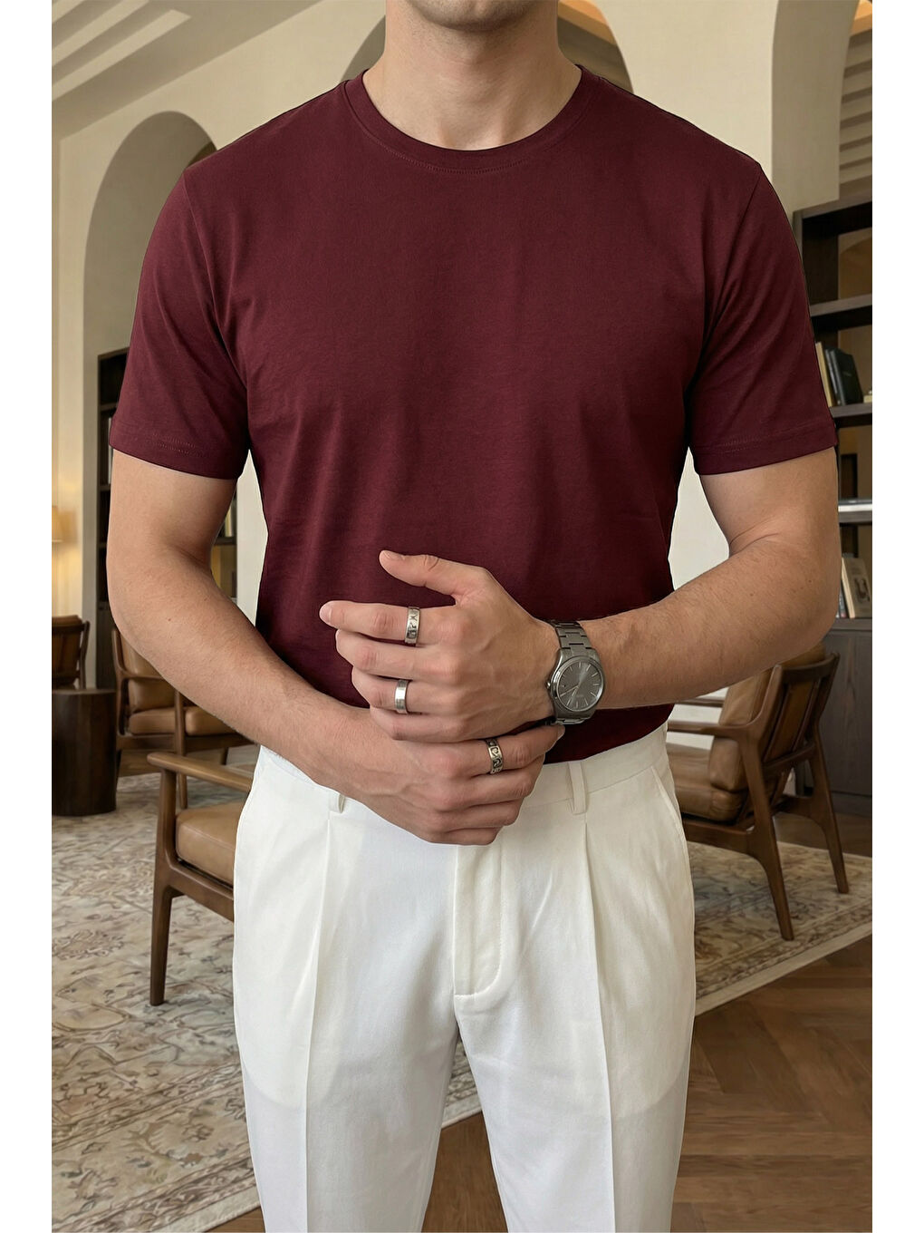 Bordo Erkek Regular Fit Yüksek Kalite %100 Pamuk Basic Tişört 24/1-1