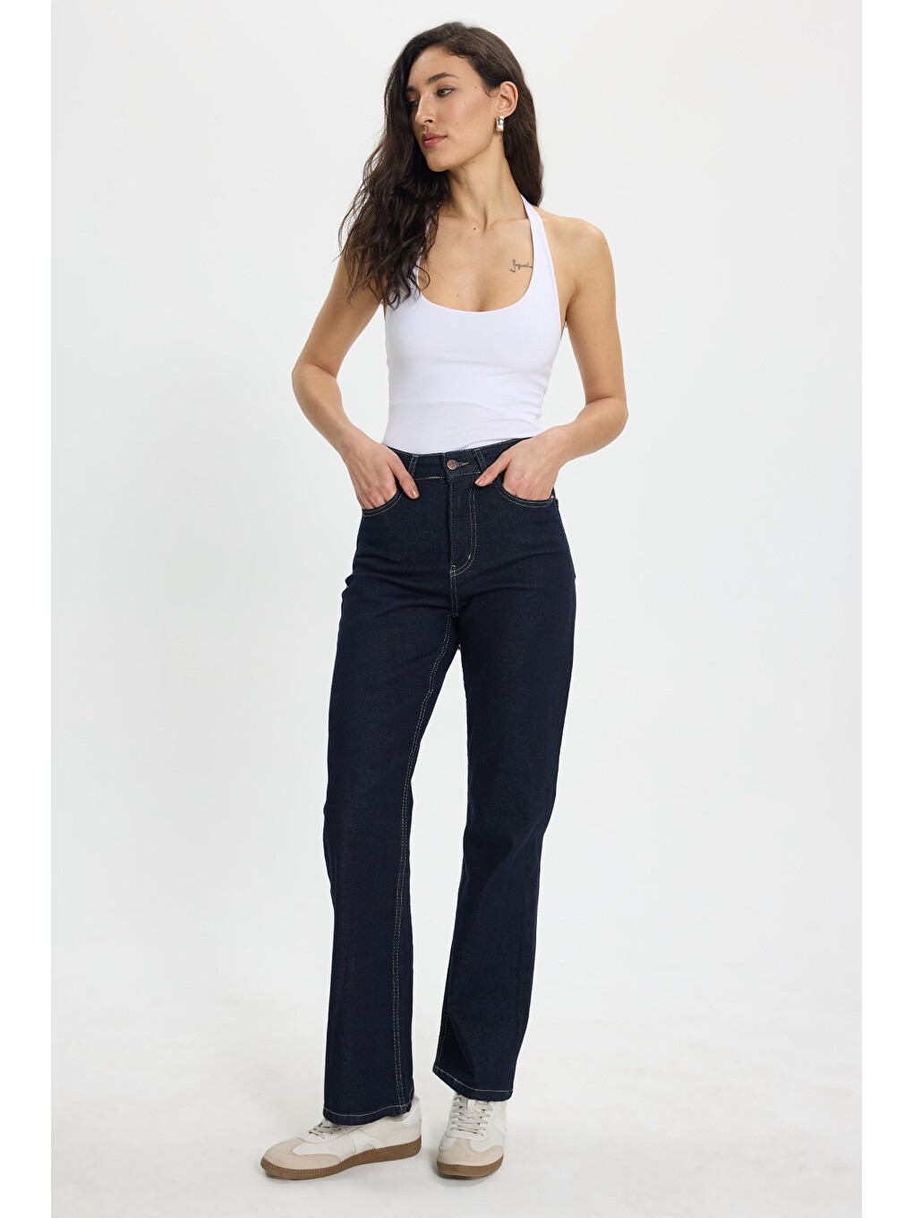 Kadın Relax Fit Rahat Kesim Pamuklu Elastanlı Cepli Palazzo Lacivert Jean Jean Pantolon-5